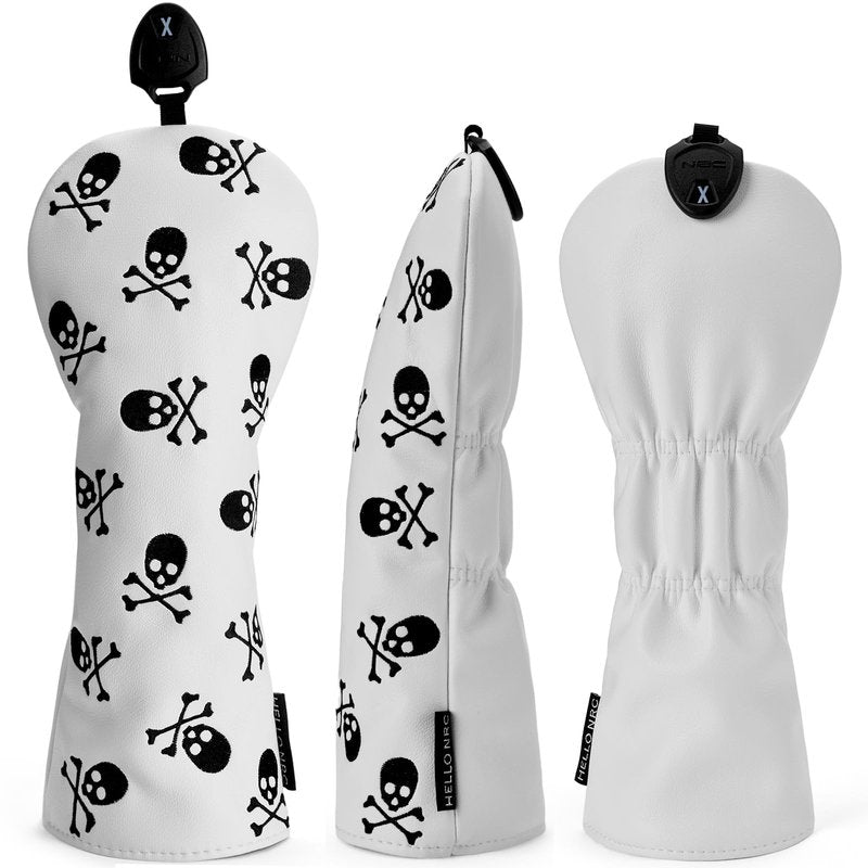 Gbourly Golf Club White Skull and Crossbones Skeleton Fairway Wood Head Cover PU Leather Headcover