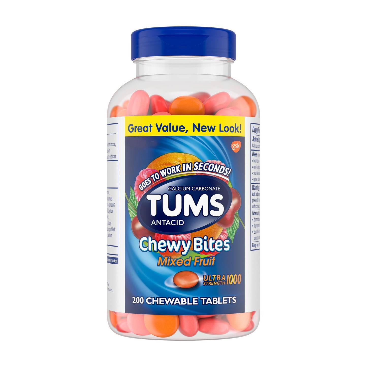 TUMS Chewy Bites Chewable Antacid Tablets for Ultra Strength Heartburn Relief, Mixed Fruit - 200 Count