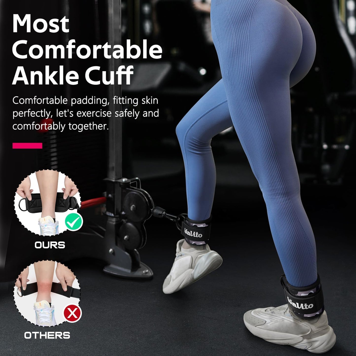 WALITO Gym Ankle Straps - Adjustable Cable Machine Accessories for Glute Kickbacks & Lower Body Workouts | Unisex