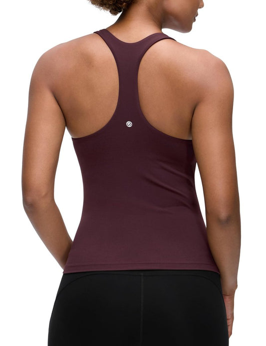 CRZ YOGA Butterluxe Workout Racerback Tank Tops for Women - Padded Athletic Spandex Yoga Shirts with Built in Bra Ripe Plum Small