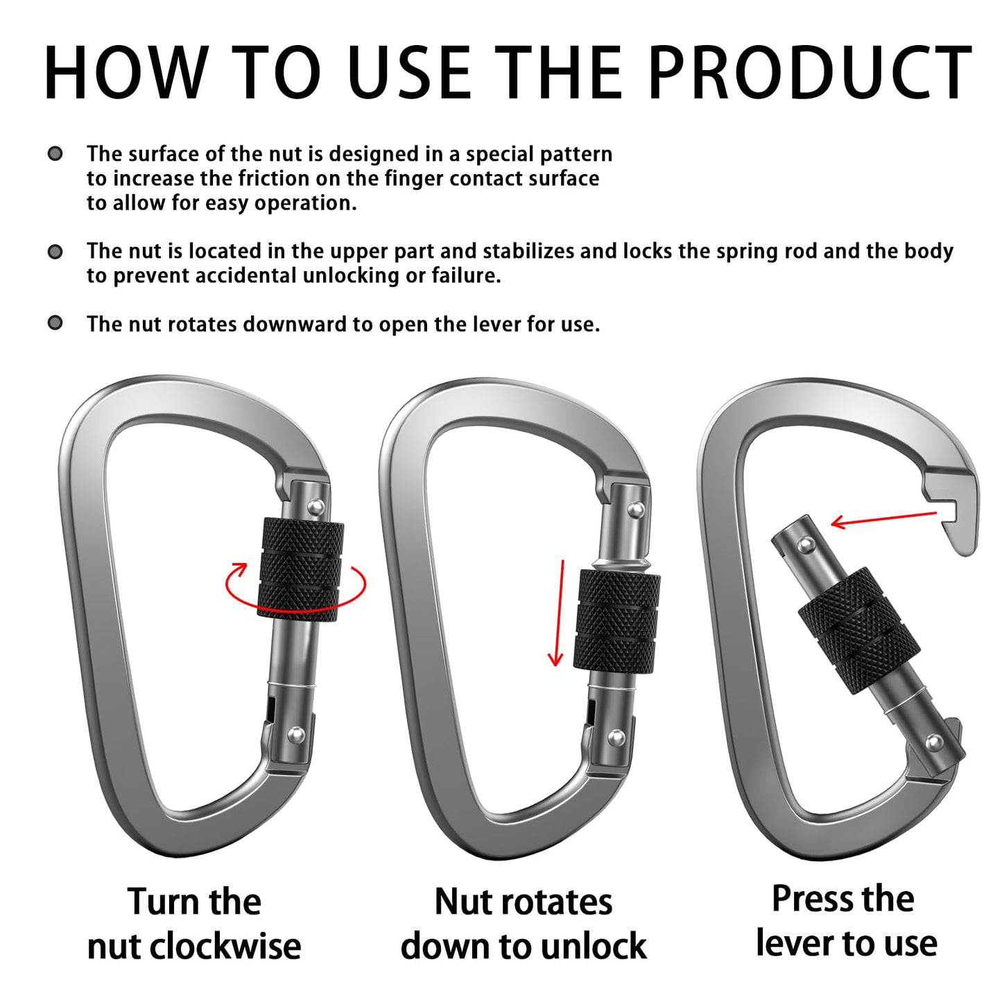 XIECHANEE Premium Aluminum D Ring 4" Locking Carabiner Clips with Screw Gate, Set of 4, Lightweight & Durable for Hiking, Camping, Hammock, Dog Leash Harness, Keychains