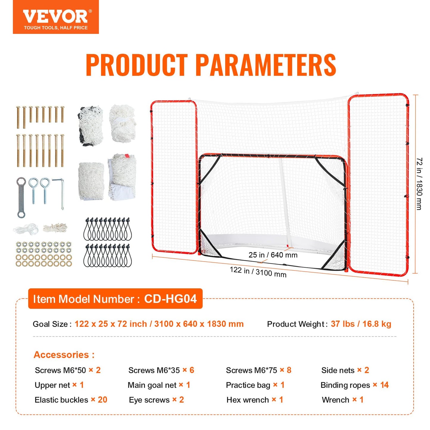VEVOR Hockey Goal with Backstop and Targets, Street Steel Hockey Net, 72" Pro Hockey Training Goal Set, Portable Indoor Outdoor Hockey Goal with Net, Easy Assemble, White/Red