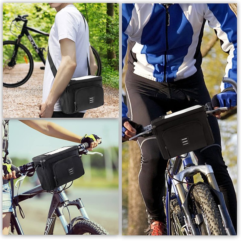 dujp Insulated Bike Handlebar Bag, Waterproof Bicycle Front Basket Cooler Pouch with Phone Holder Touch Screen, Cycling Storage Bag with Shoulder Strap for Outdoor Travel
