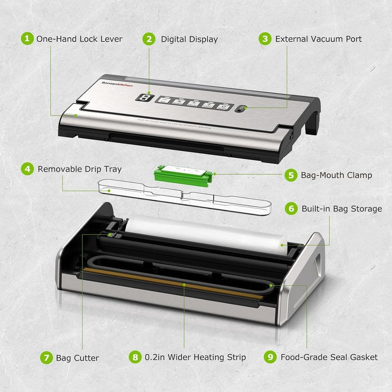 Bonsenkitchen Vacuum Sealer - One-Hand Operation Food Sealing Machine with Digital Timer & Built-In Cutter | Includes 1 Roll Bag & 10 Pre-Cut Bags