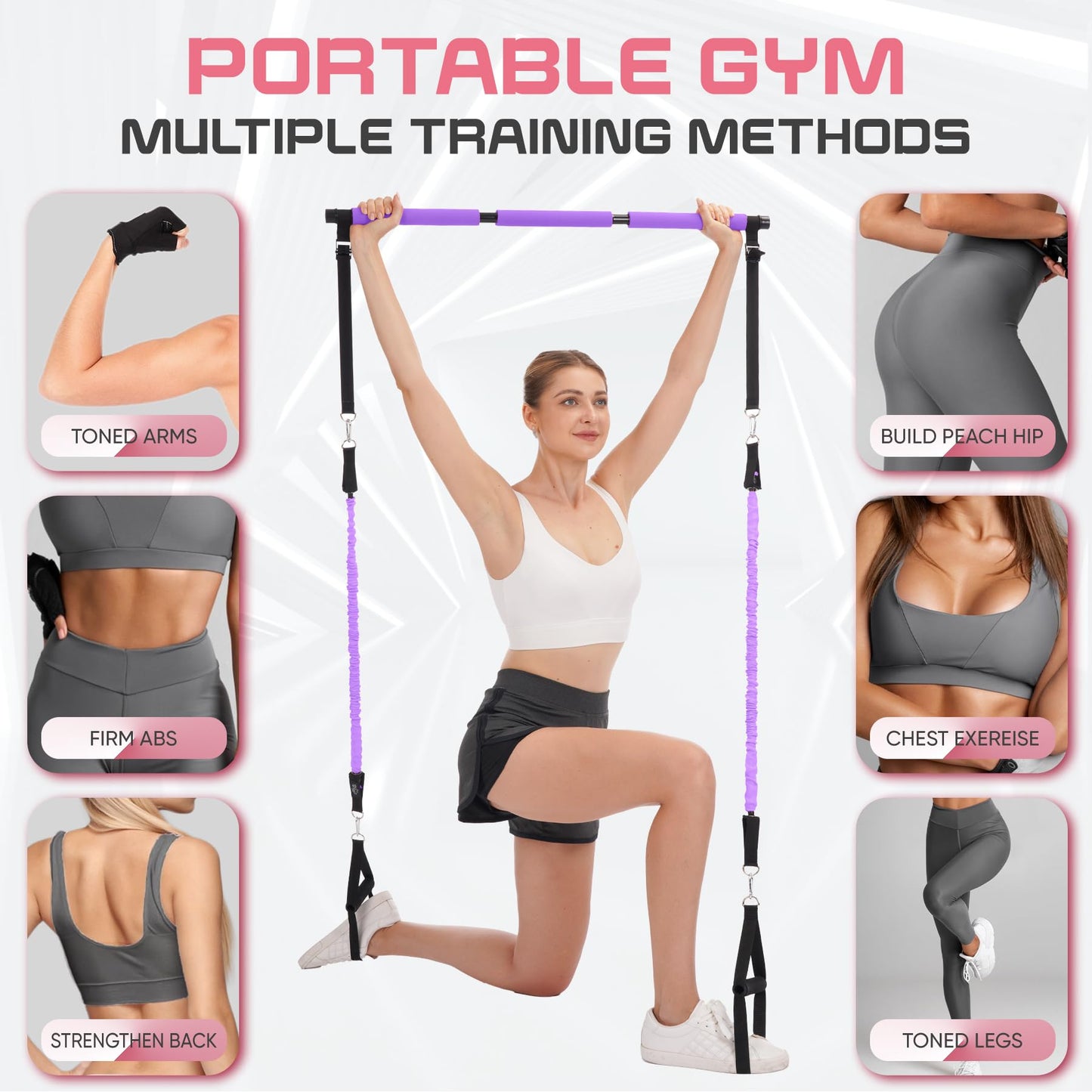 TADAKAZU Pilates Bar Kit with Resistance Bands, Exercise Fitness Equipment for Women & Men, Home Gym Workouts，Portable Pilates Bar Kit Resistance Bands for Women Full Body Workouts,Purple