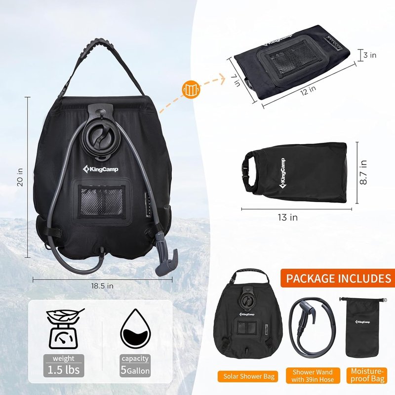 KingCamp Solar Shower Bag, Leak-Proof Design Camping Shower Bag with Thermometer, Removable Hose & Switchable Shower Head, 5 gallon/20L