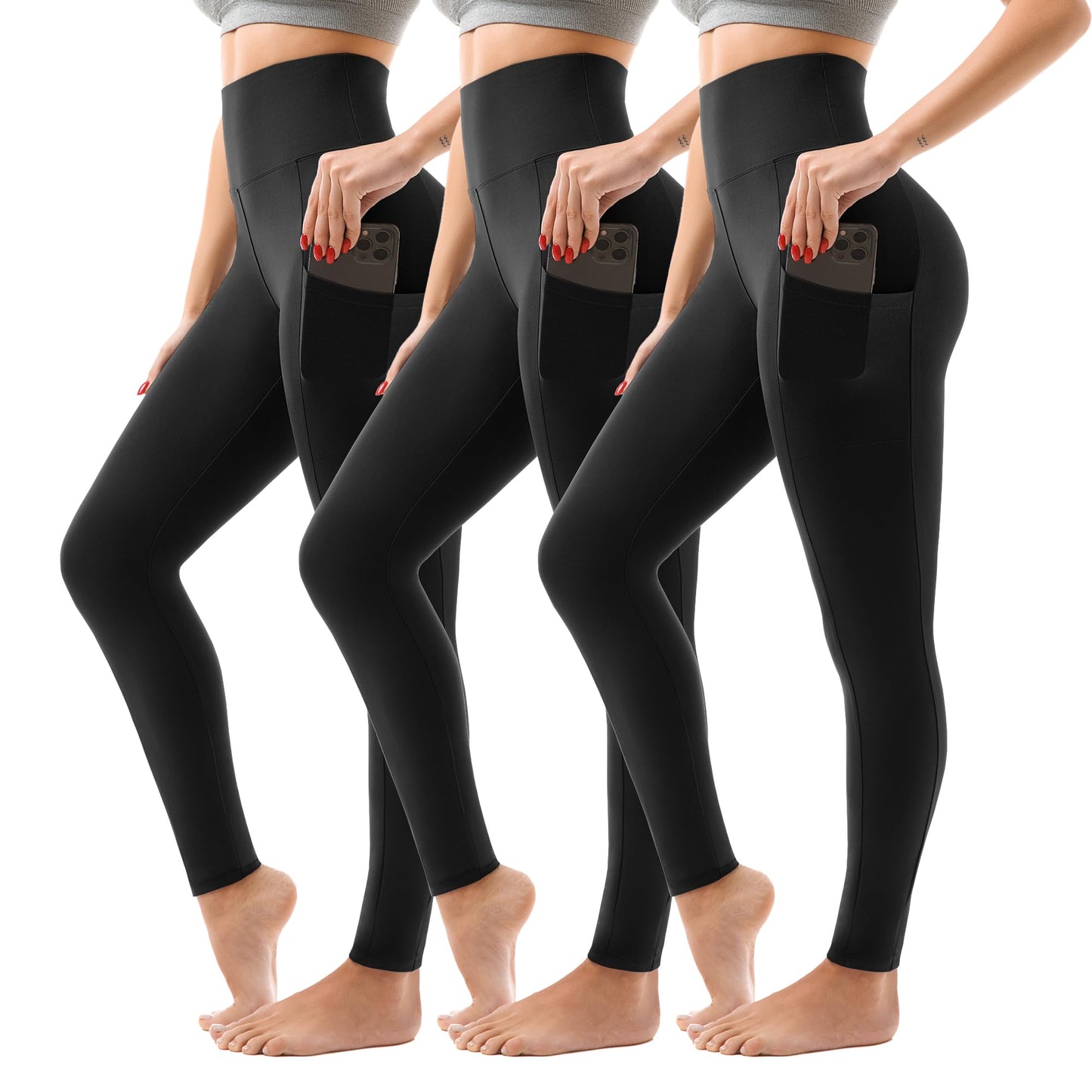 SINOPHANT 3 Pack Leggings for Women - High Waisted Buttery Soft Yoga Pants for Workout Athletic Sports Black/Grey/Navy Pockets L-XL