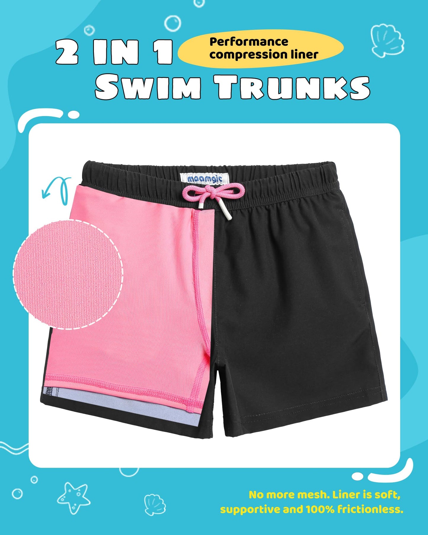 maamgic Boys Swim Trunks with Compression Liner Toddler Stretch Swim Shorts Quick Dry Swimming Trunks Boxer Brief 2 in 1 Beach Shorts Black Pink 14/16