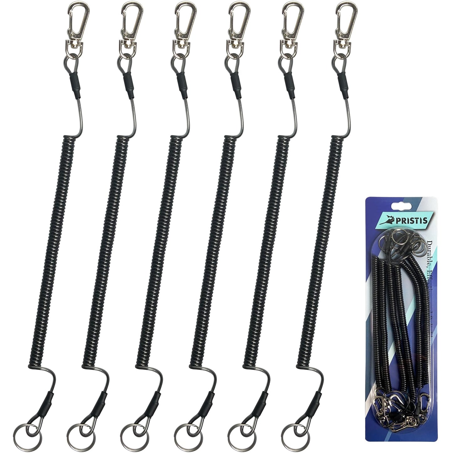Pristis 6 pcs Fishing Coiled Lanyards, Heavy-duty Retractable Keychain Pole Tether, Stretchy Safety Leash with Steel Wire & Carabiner, Board Rod Strap Accessory for Tools Gear Tackle Kayak, Black