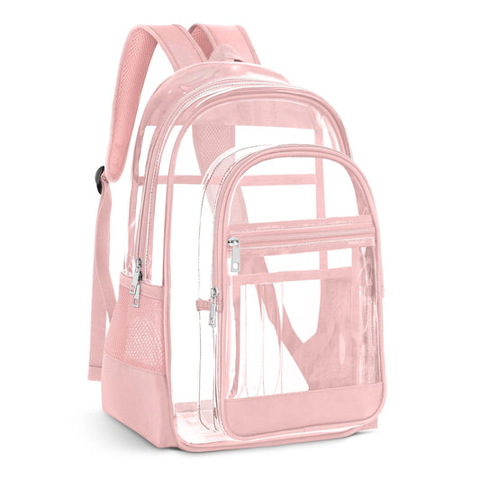 KIMNERPU Clear Backpack, Heavy Duty PVC Transparent Backpack with Reinforced Straps, See Through Multiple Pockets Large Capacity Bookbag for Concert Sport Event Work Security Travel Festival (Pink)