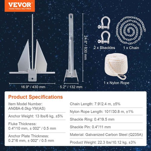 VEVOR Fluke Style Anchor Kit, 13 LBS Hot-Dipped Galvanized Steel Fluke Anchor with 7.9' Chain, 101' Rope and Two 0.4" Shackles, Marine Boat Anchor for Small Vessels Under 30', Seas, Rivers and Shores