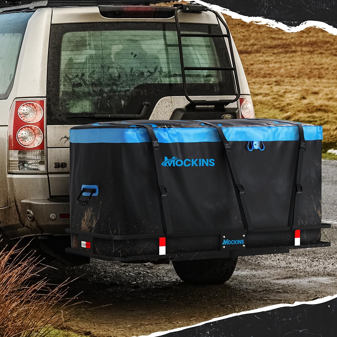Mockins 25 Cu Ft Large Trailer Hitch Cargo Carrier Bag | 60"x24"x31" Waterproof Cargo Bag for Hitch Carrier & Truck Bed | Weatherproof Vinyl Vehicle Soft-Shell Carriers Set w/Straps, Lock & Carry Case