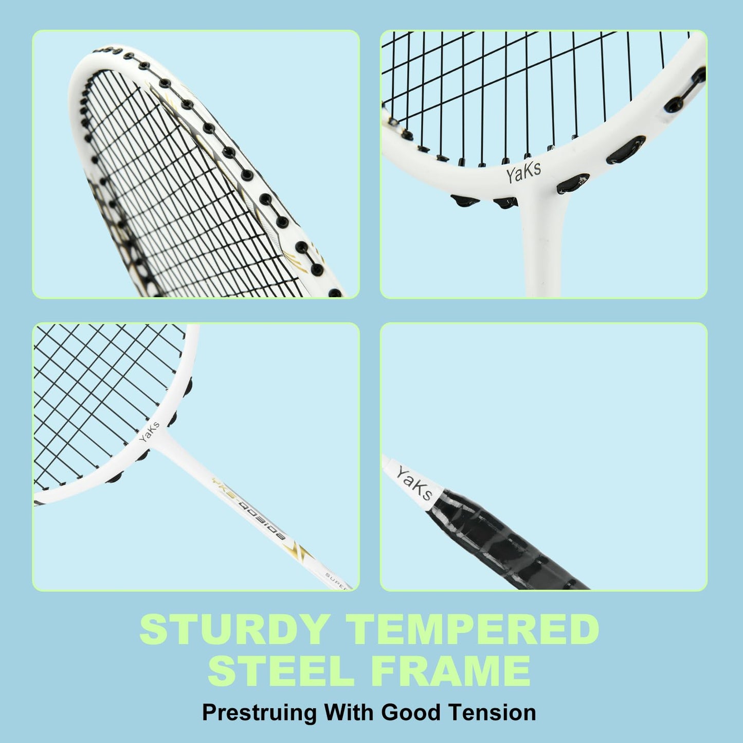YAKS 3U Professional Carbon Fiber Badminton Racket Set - 2 Rackets Includes 12 Shuttlecocks & Carry Bag, Durable & Lightweight White