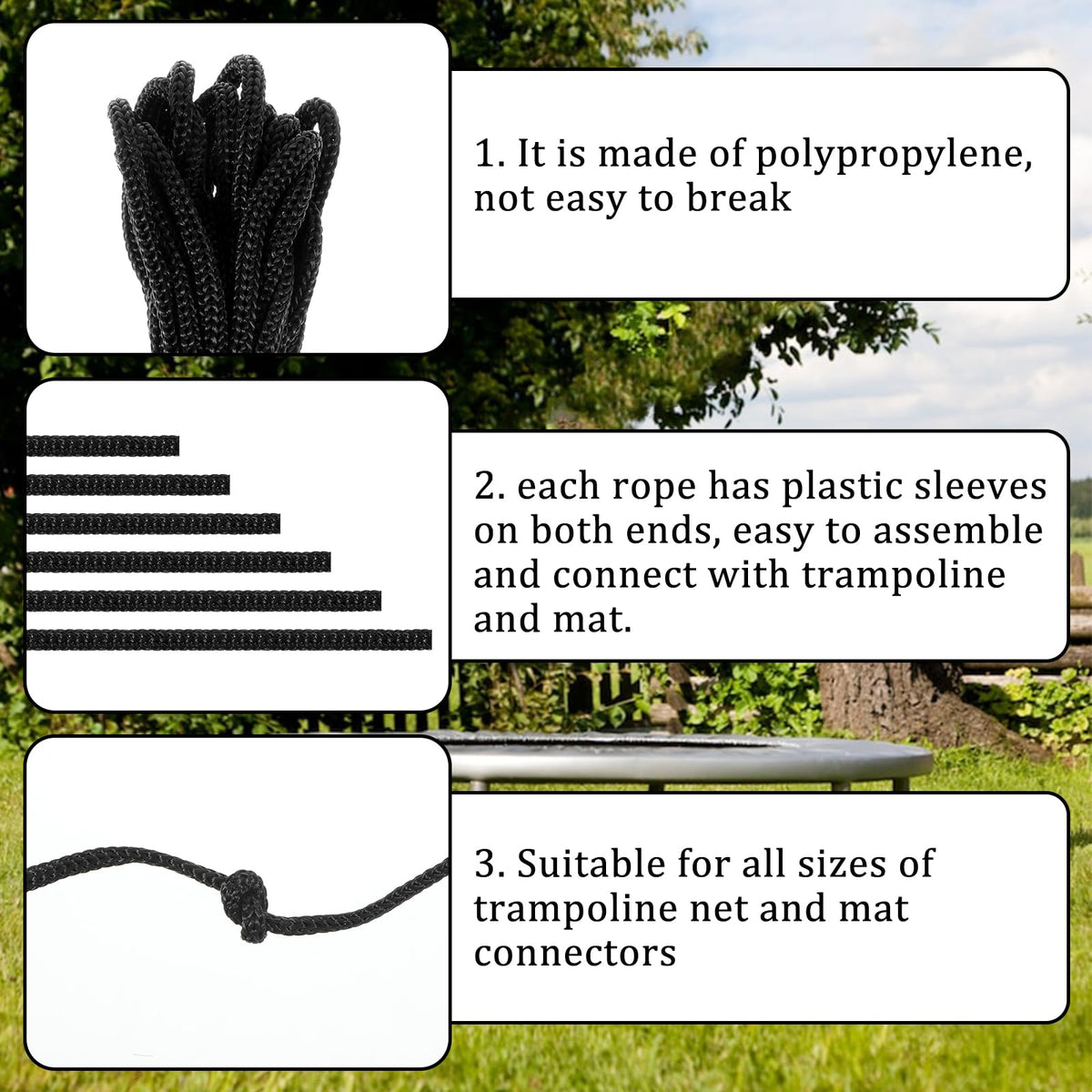Exircy 6 Pieces Trampoline Net Connection Rope, 16 Feet Each, 0.2 Inch Thick Black Tie Down Rope Replacement Parts Long Safety Trampoline Net Cords for Enclosure Nets