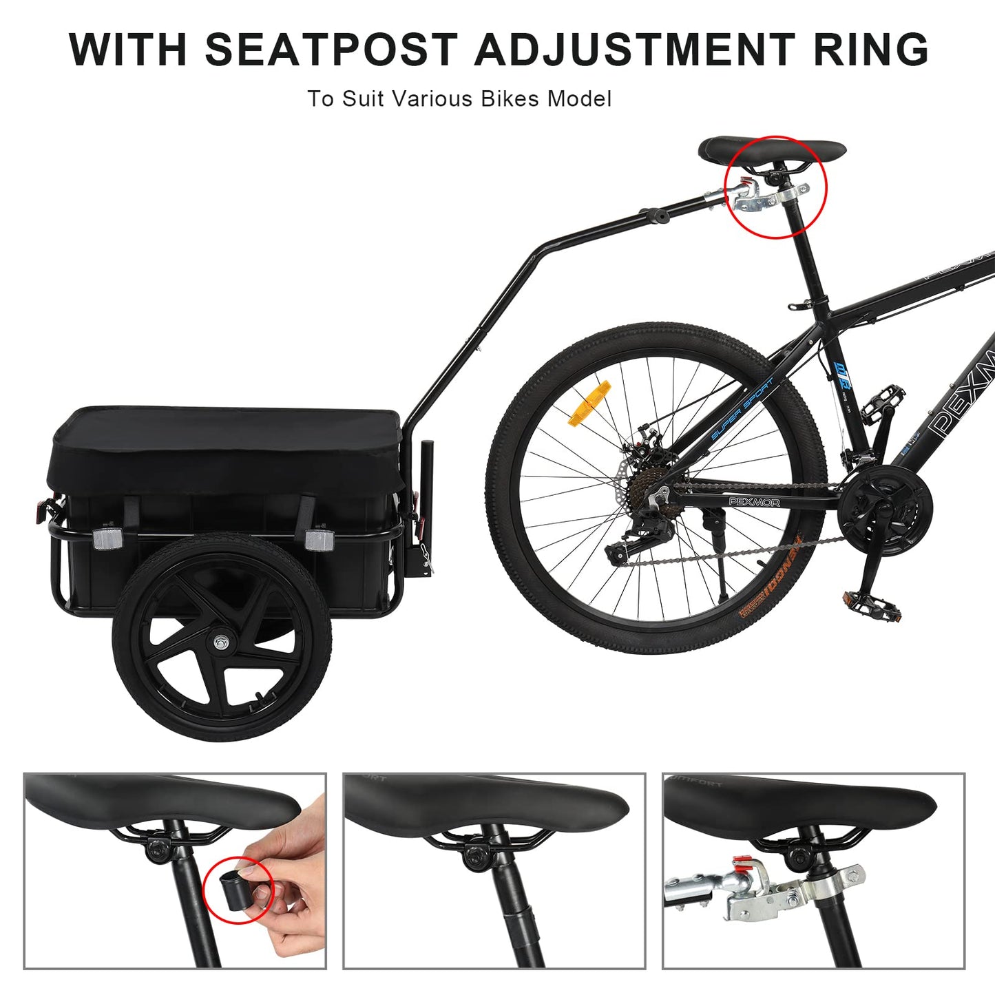 PEXMOR Bike Cargo Trailer with Removable Box & Waterproof Cover, Bicycle Wagon Trailers with 16" Wheels & Quick Release Universal Coupler, Large Loading Bike Trailer Storage Cart with Reflectors