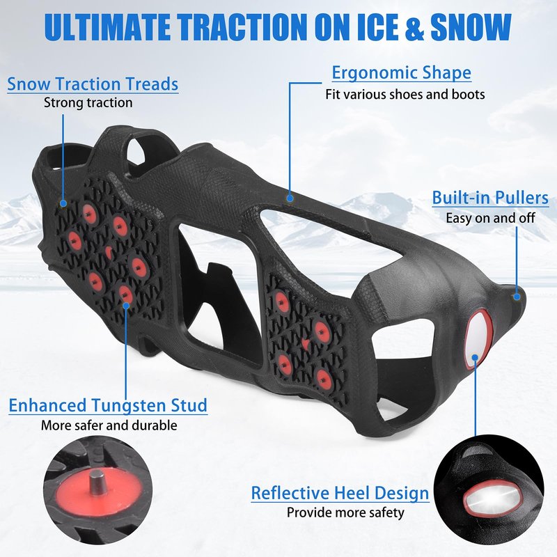 Ice Cleats Tungsten Crampons, Anti Slip Shoes Grippers with Reflective Heel, Ice Snow Cleats for Shoes and Boots Men Women Slip-on Overshoes Stretch Footwear, Size XL