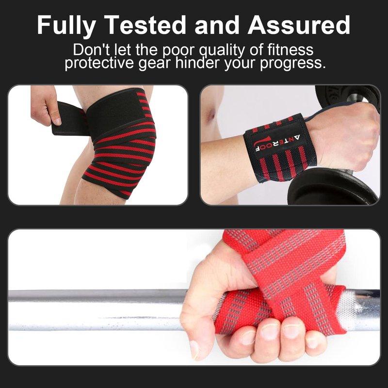 Knee Wraps + Wrist Wraps + Weight Lifting Straps Bundle (3 Pairs) for Weightlifting Bodybuilding Strength Training Workout Gym, Fitness Protective Set for Men & Women(Red)