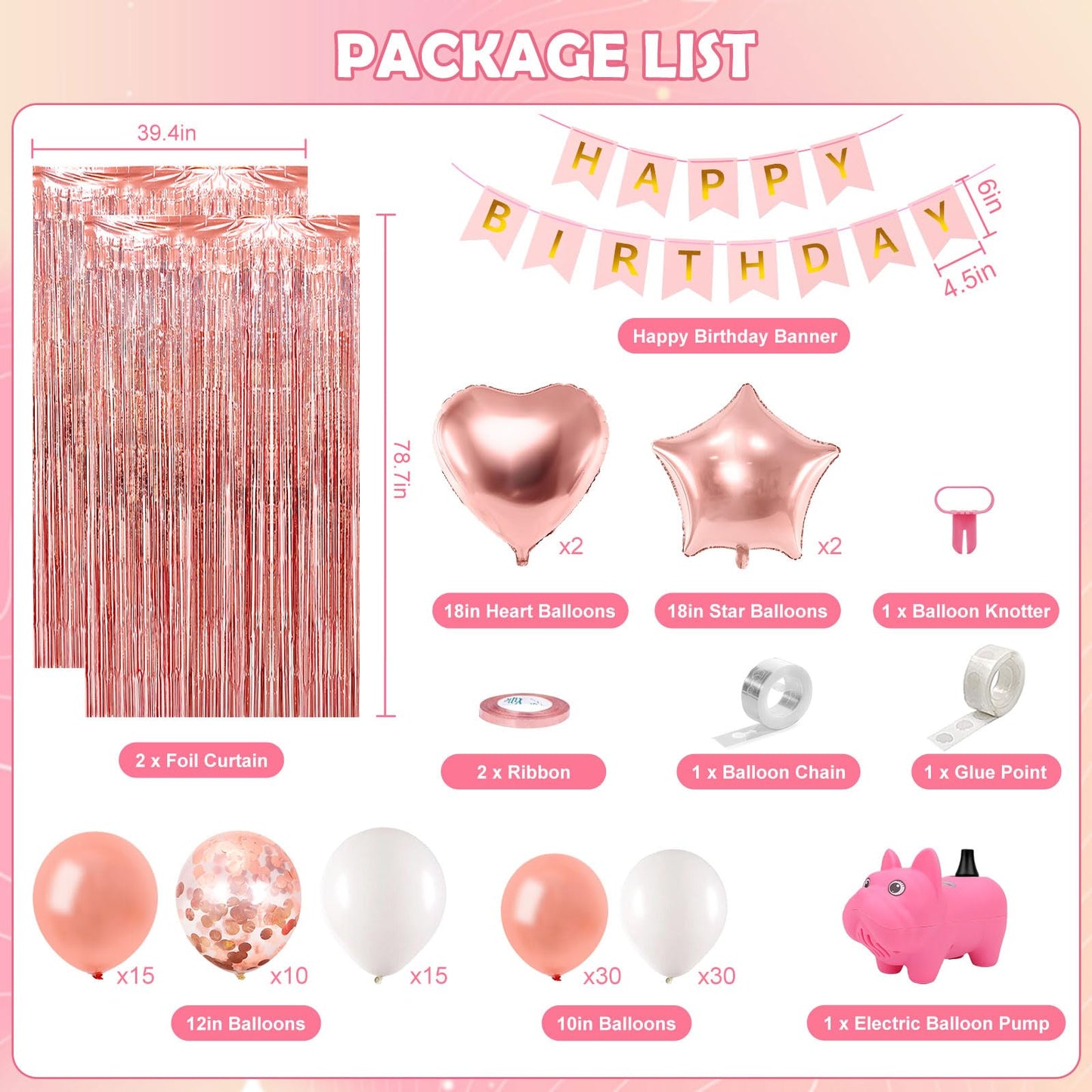 Rose Gold Birthday Decorations With Electric Balloon Pump, Happy Birthday Decorations for Women Girls, Birthday Party Decorations Kit Balloon Garland Kit Decoracion de Cumpleaños Para Mujer