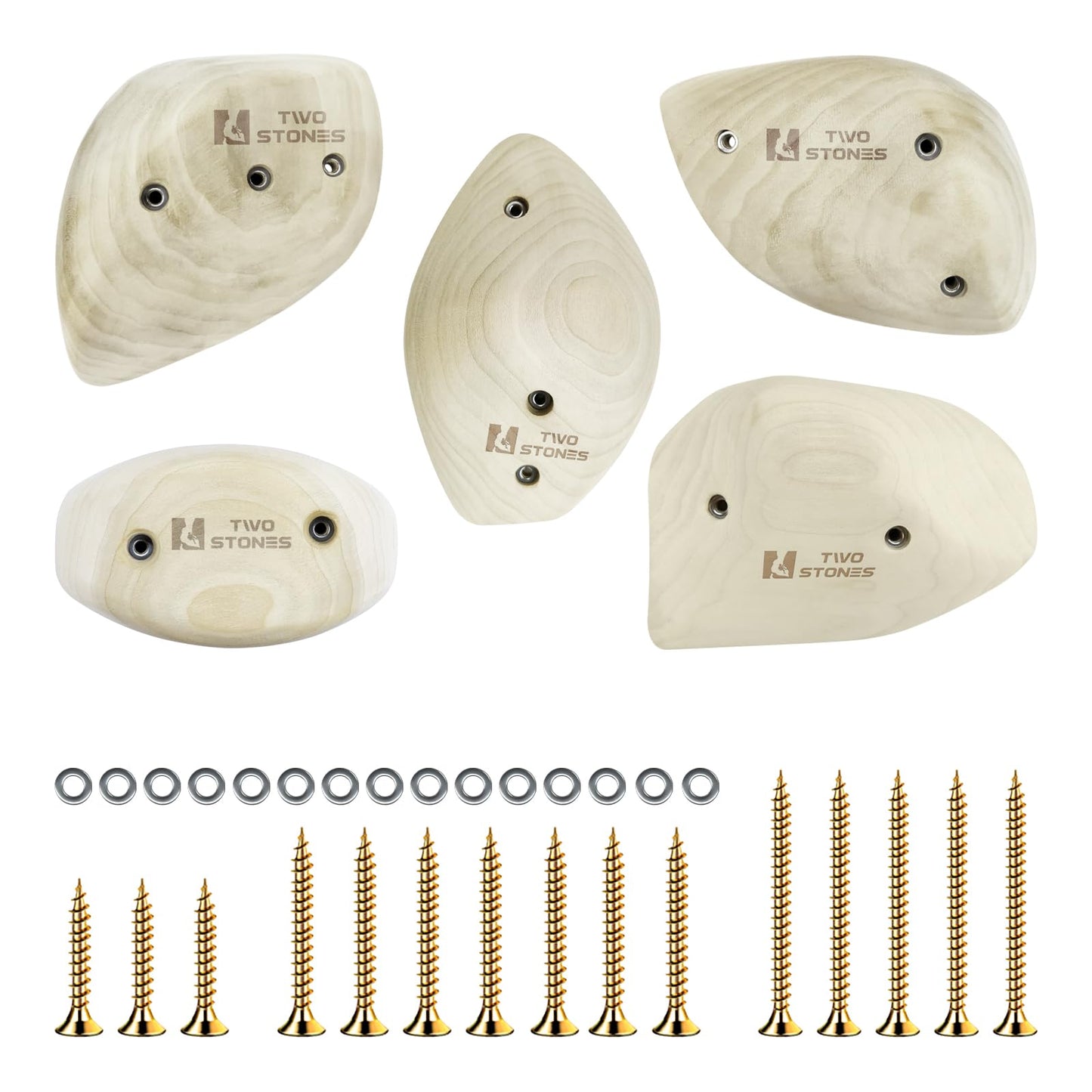 TWO STONES Wooden Rock Climbing Holds for Adults | Wood Rock Wall Climbing Holds for Gyms | Variety Screw On Climbing Hand Holds Set with Mounting Hardware