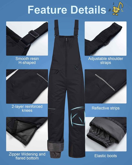 Pursky Boys' Waterproof Ski Pants Winter Insulated Pants Outdoor Mountain Snowboard Pants Kids Snow Pants Snow Bibs Girls Snowpants Youth Ski Bibs Husky Snowbibs Black 14/16
