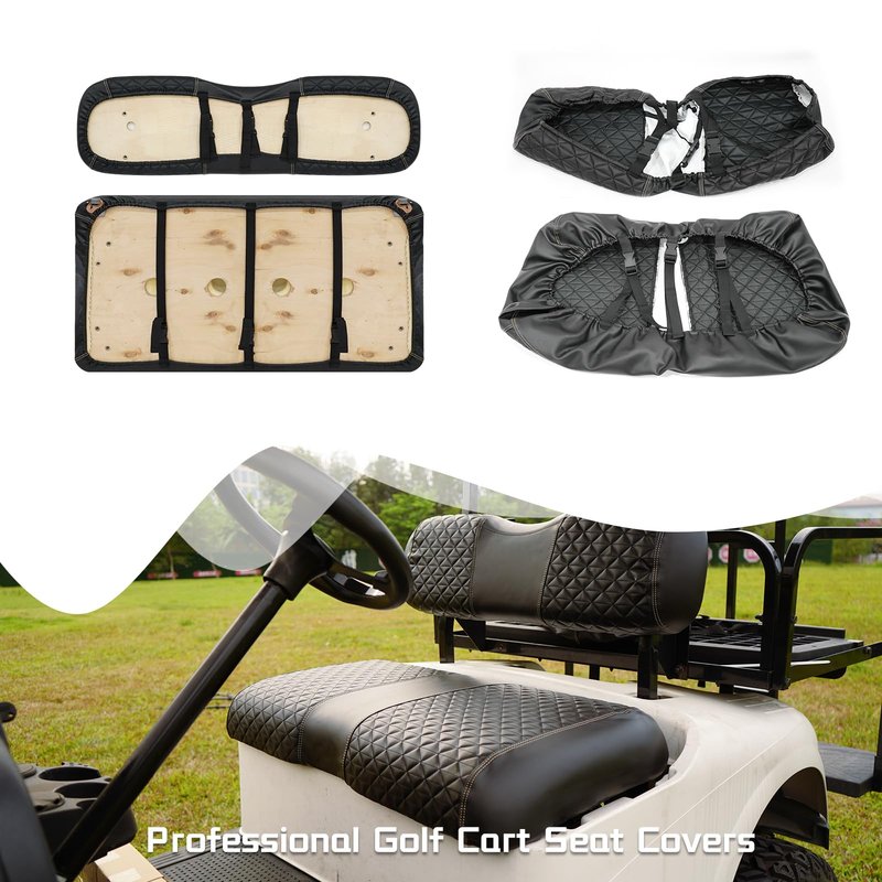 XUANYUDG0769 Golf Cart Front and Rear Seat Covers for 2008+ EZGO RXV Golf Cart and B-Shaped Aftermarket Rear Seat, Vinyl Leather Made/Adjustable Straps and Retractable Buckle/No Stapler Required,4PCS