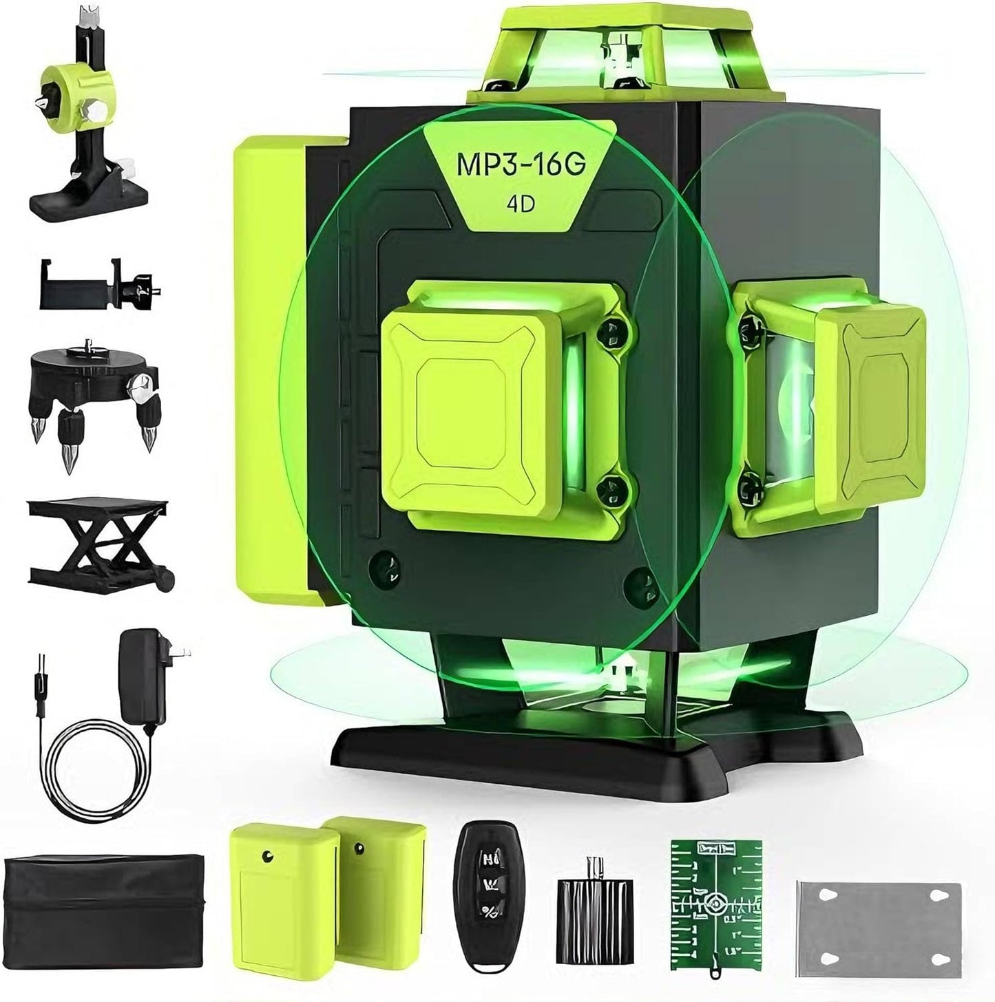 16 Line Laser Level - 360° Self-Leveling Green Laser Tool for Picture Hanging & Construction | Includes 2 Batteries, Magnetic Bracket, Remote Control