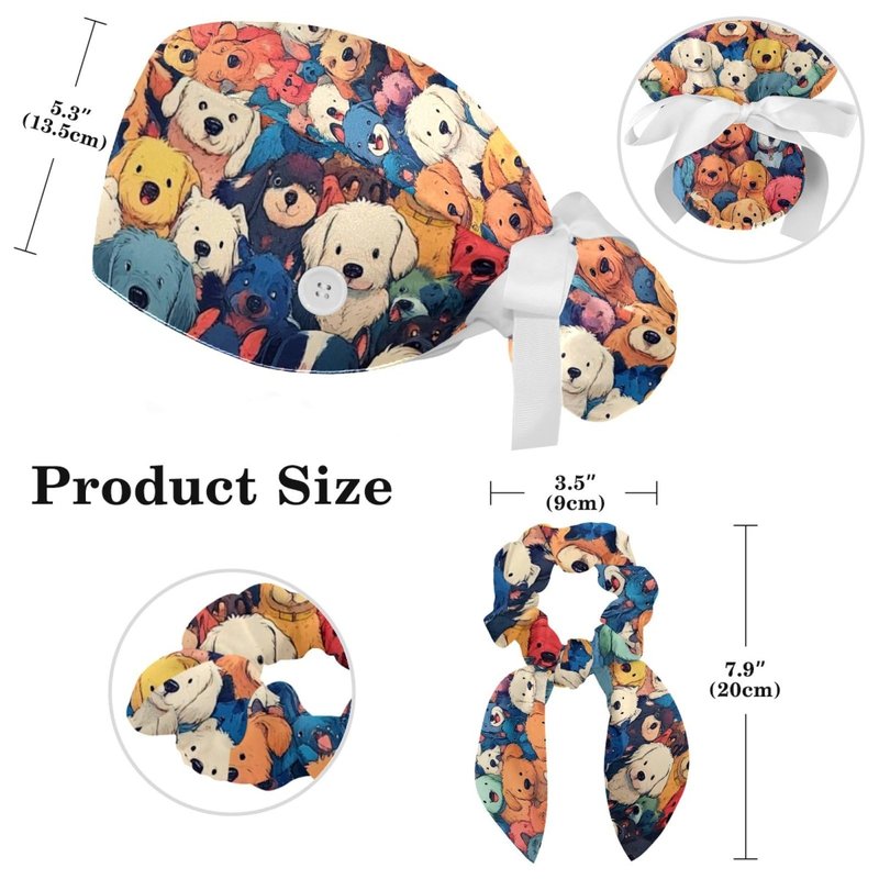 Scrub Caps Women with Button,Adjustable Bouffant Surgical Caps with Ponytail Pouch,Colored Cartoon Seamless Dogs Working Cap with Bow