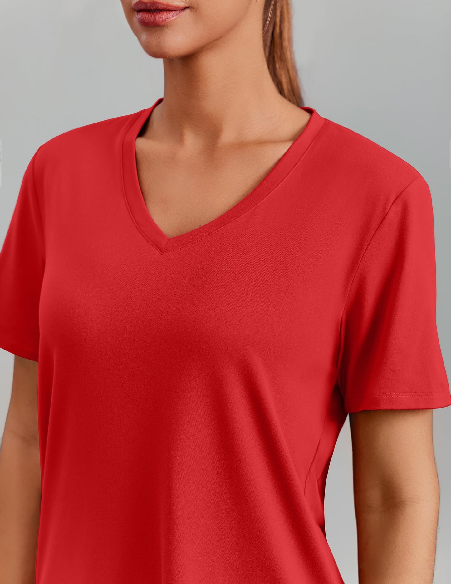 PINSPARK Gym Shirts for Women Short Sleeve V Neck Workout Tops Moisture Wicking Athletic T-Shirts Quick Dry Fitness Exercise,Red Small