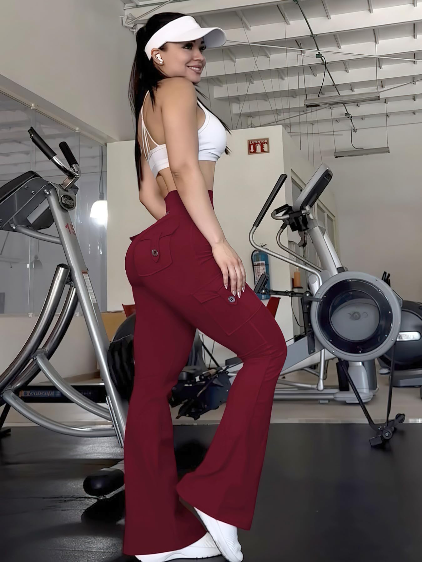 YEOREO CoreFlex Women Workout Flare Leggings with Pockets Hidden Scrunch High Waisted Cargo Gym Yoga Leggings Wine S