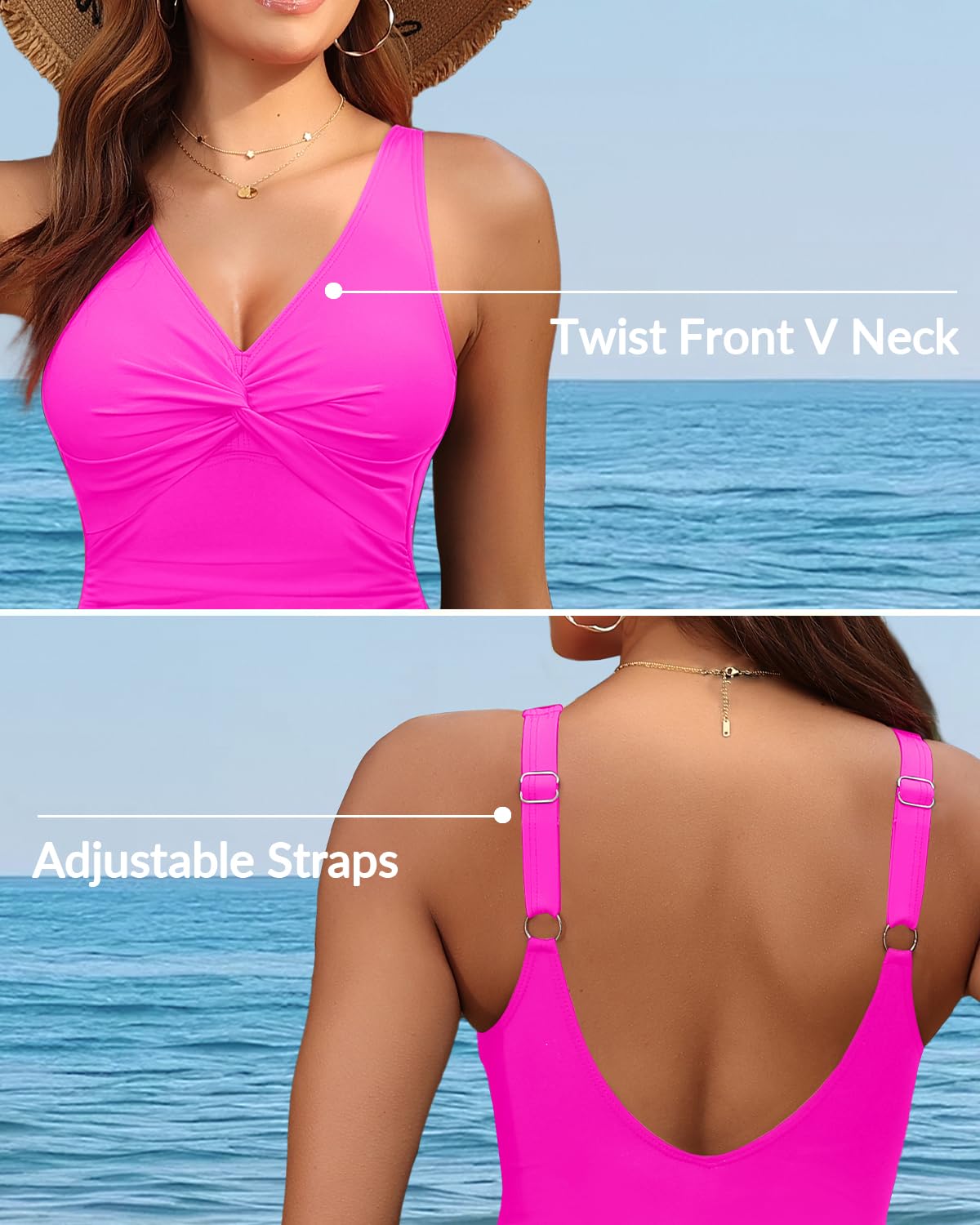 Holipick Hot Pink Women Tummy Control One Piece Swimsuit - Push Up Bathing Suit Full Coverage Slimming Swimwear M
