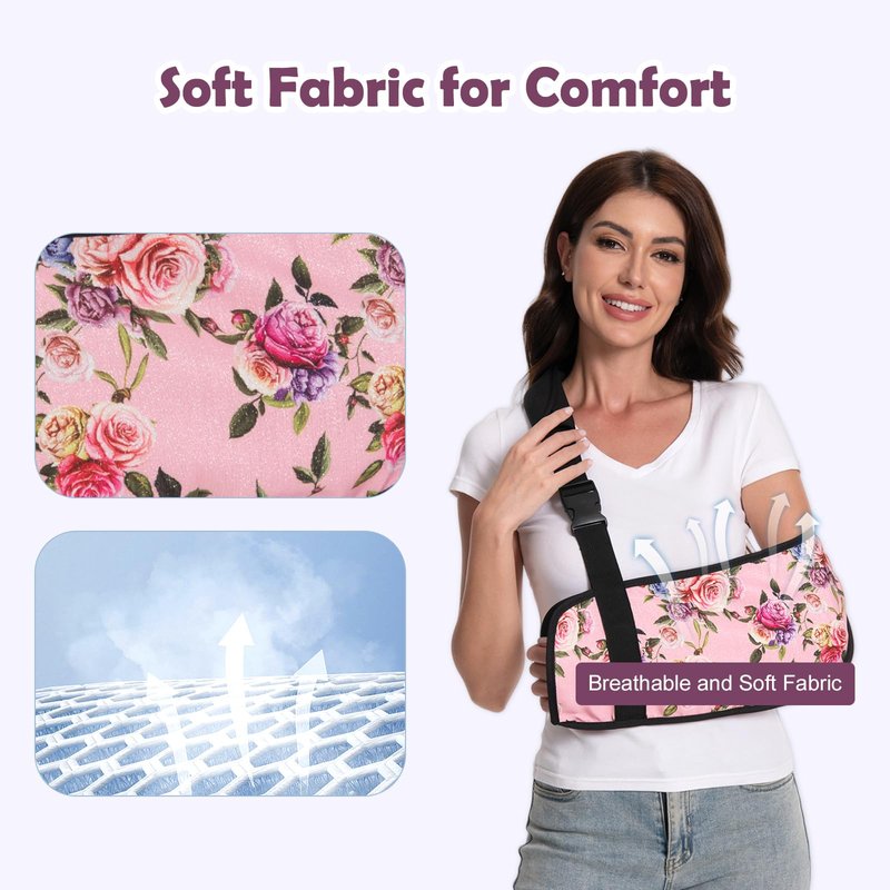 Ledhlth Women Arm Sling for Broken Arm, Torn Rotator Cuff, Shoulder Elbow Wrist Injury - Rose Floral Printed Adult Lady Arm Brace Support, Soft Warm Floral Pattern (Pink Rose, One Size)