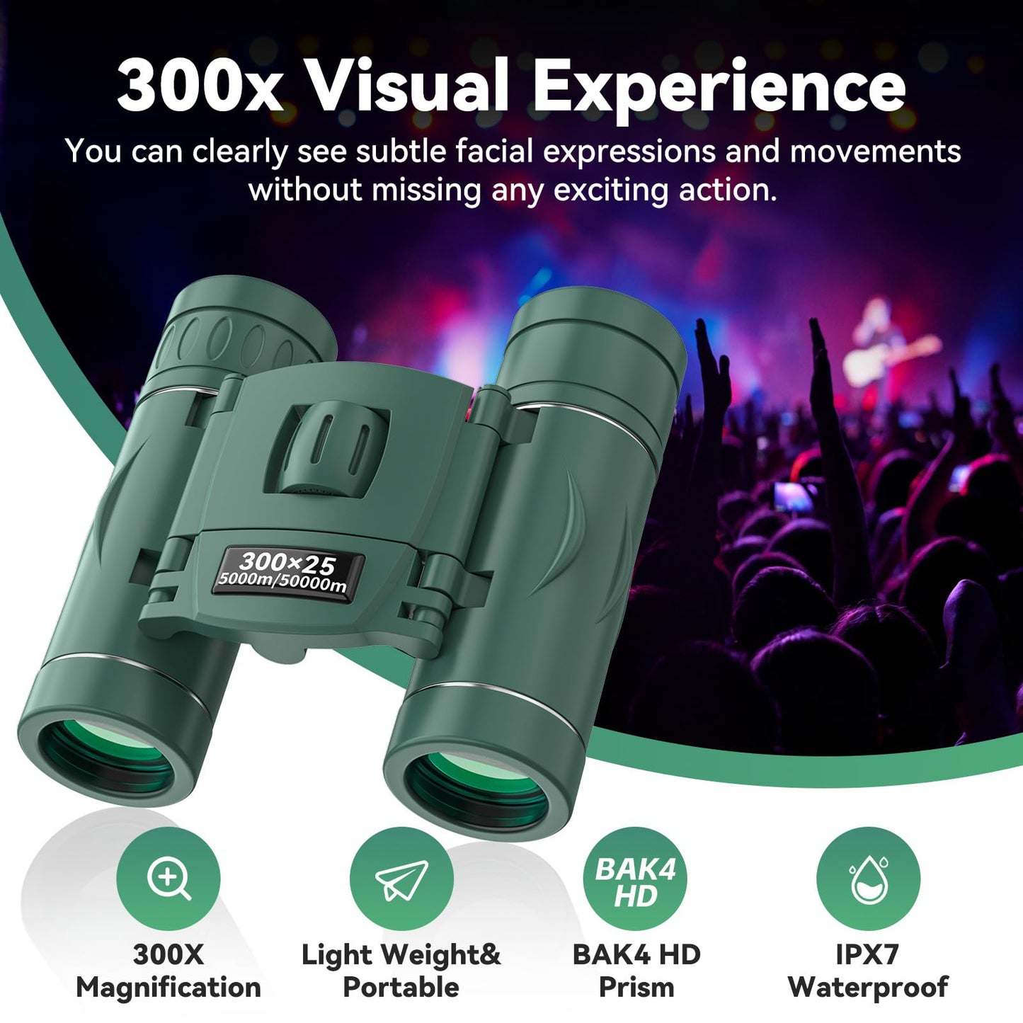 300x25 Binoculars for Adults and Kids, High Powered Mini Pocket Binoculars with Phone Adapter, Waterproof Compact Telescope for Bird Watching, Hunting, Concert, Theater, Opera, Traveling, Sightseeing