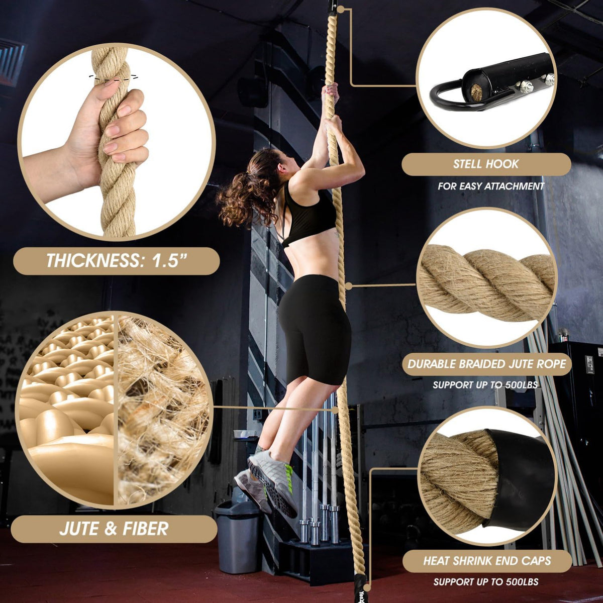 Yes4All Gym Climbing Rope for Fitness & Strength Training, Climbing Exercises & Home Workouts, 20ft
