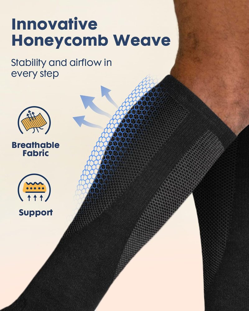 Lalapapa Extra Cushion Cotton Compression Socks for Women Men - 20-30mmHg Ankle Arch Support Socks for Flying Travel Nurse, Comfortable Breathable, 2 Pairs Black & Black, L / XL