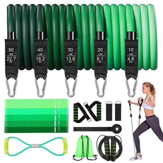 ILIEMOC 18Pcs Resistance Bands Set for Women, 5 Stackable Exercise with Handles, Loop Bands, Jump Rope, Figure 8 Band, Ideal Home Gym Fitness, Yoga, Full Body Workout Equipment Set (Green)