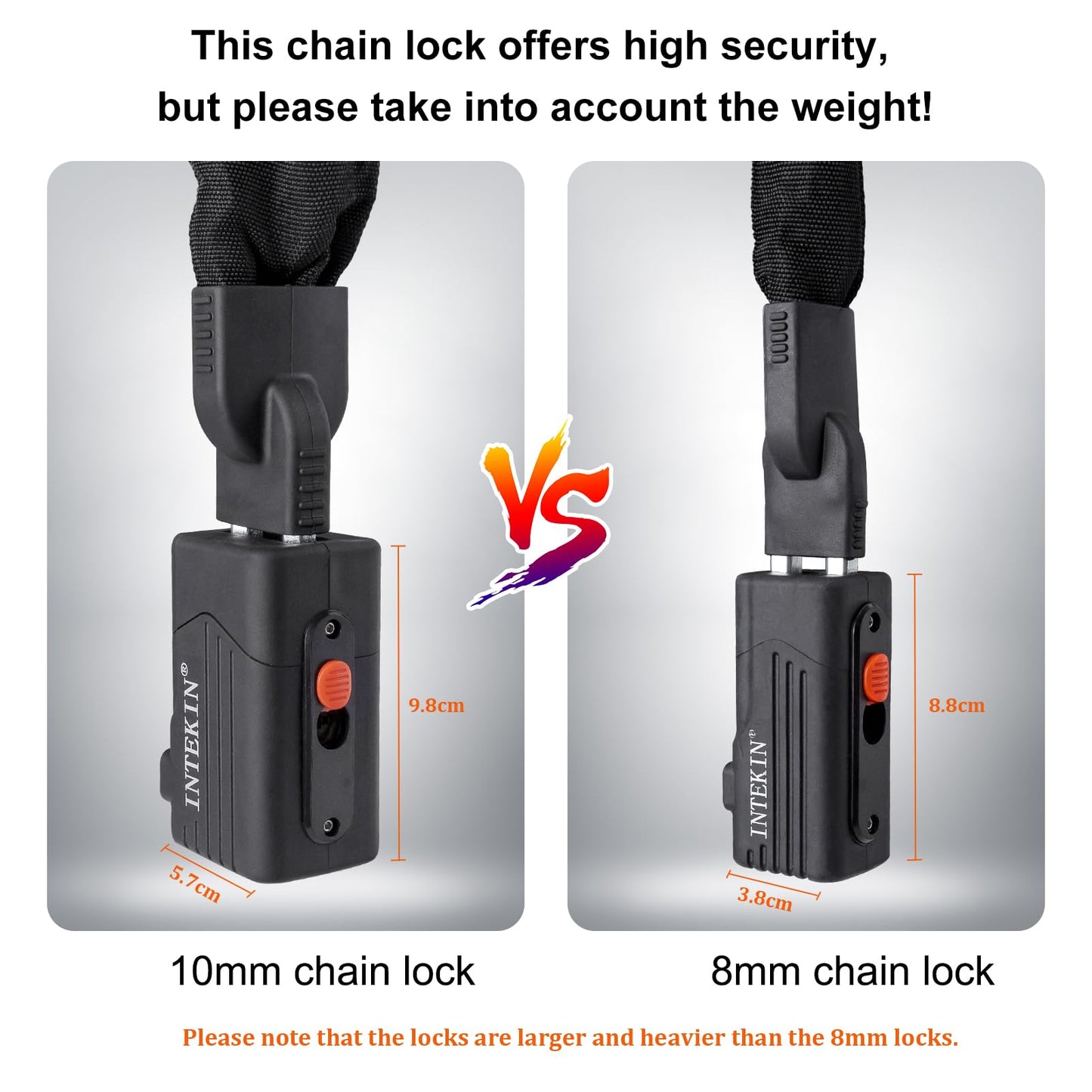 INTEKIN Bike Chain Lock 3FT/4FT/5FT Heavy Duty Bike Lock Anti-Theft Bicycle Chain Lock 8mm/10mm Thicker Bicycle Lock Chain Bike Lock with 3 Keys for Bike, Motorcycle