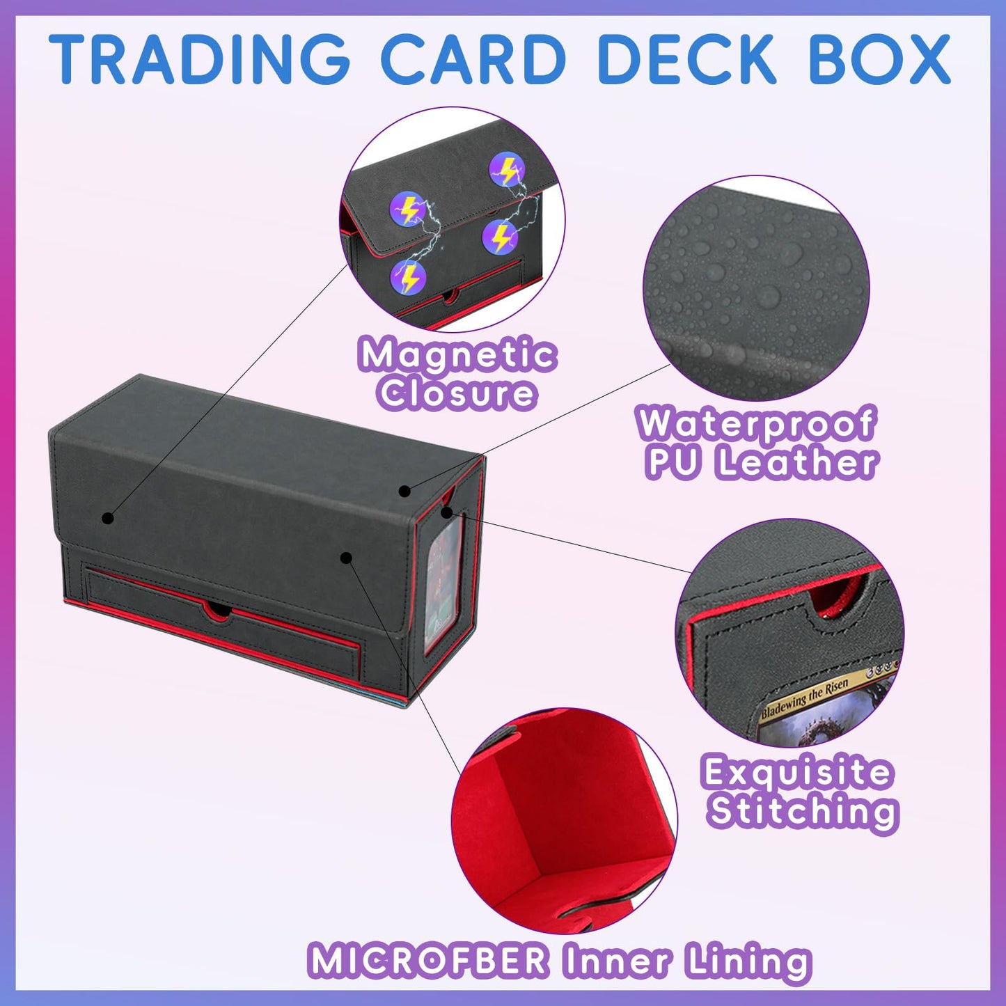 QTYORD Card Deck Box for Trading Cards with Dice Tray&Commander Dispaly, Card Storage box Fits 200+ Single Sleeved Cards, PU Magnet Card Deck Case for MTG TCG (Black/Red)