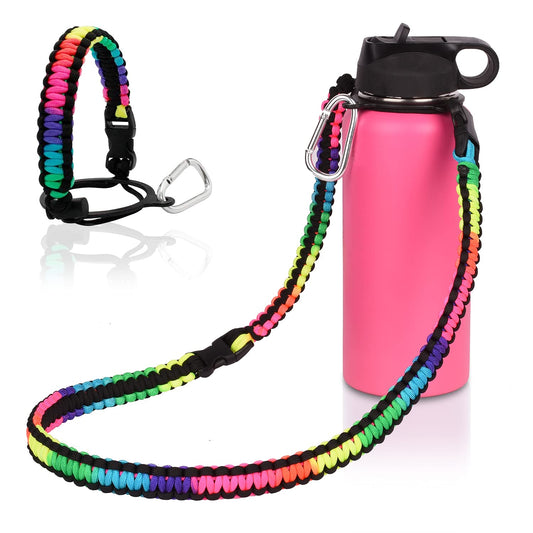 Wongeto Paracord Handle Carrier Holder with Shoulder Strap,Compatible with Hydro Flask Wide Mouth Water Bottles 12oz - 64 oz and Other Wide Mouth Water Bottle for Walking Hiking Camping (Rainbow)