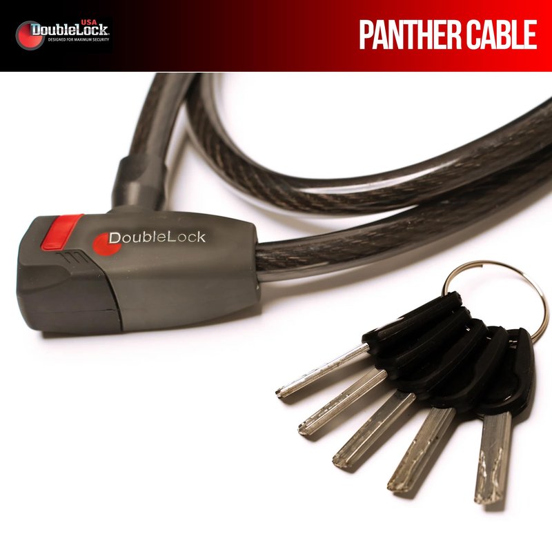 DoubleLock Panther Cable Lock – Heavy-Duty Braided Steel Cable with Fixed Key Lock and Vinyl Coating – Includes 3 Keys – Ideal for Bikes, E-Bikes & Small Equipment