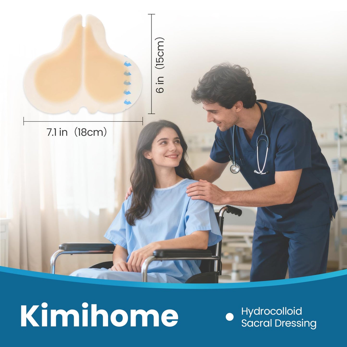 Kimihome Hydrocolloid Sacral Dressing 5cm x 18cm, Self-Adhesive Border Pad, Waterproof & Absorbent for Pressure Ulcer Care, 8 Pack