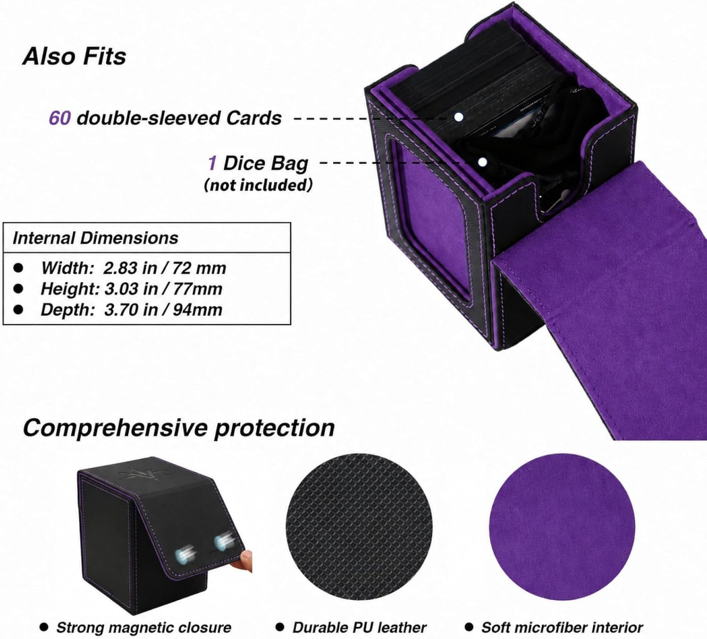 MTG Deck Box for Commander | Fits 100 Double-Sleeved Cards, Black & Purple with Dividers