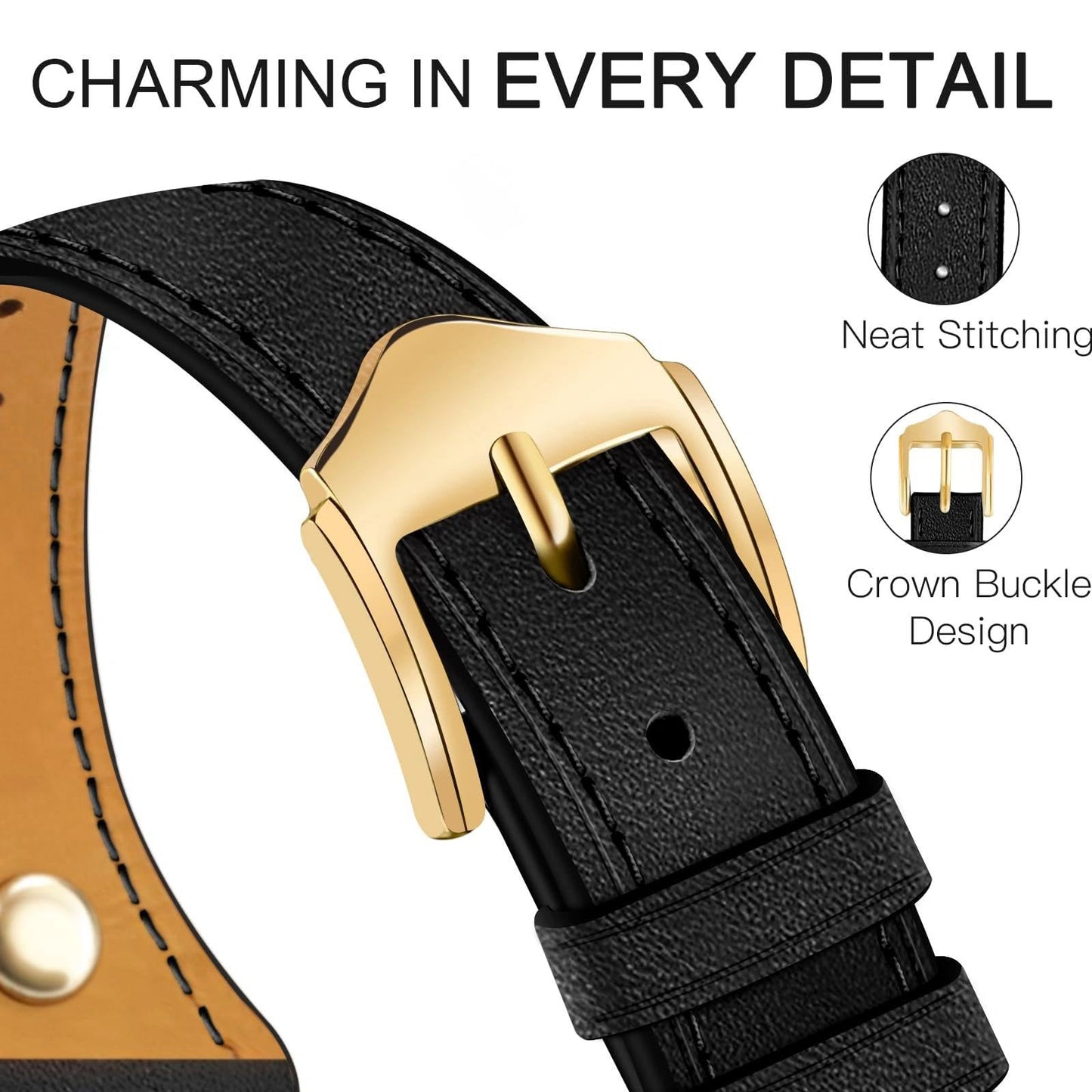 EVPLNT Slim Leather Bands Compatible with fitbit inspire 3 bands, Charms, Feminine Design for fitbit inspire 3 (Black/Gold)