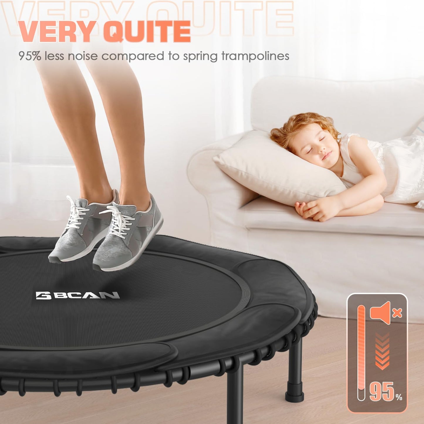 BCAN 550 LBS Foldable Mini Trampoline, 48" Fitness Trampoline with Adjustable Handle Bar, Bungees, Stable & Quiet Exercise Rebounder for Kids Adults Indoor/Garden Workout - Black