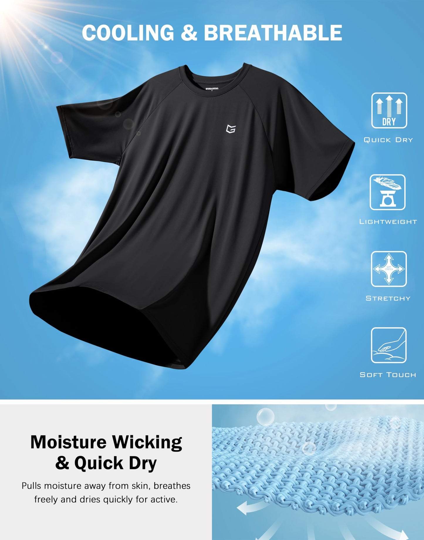 G Gradual Men's Athletic Workout T-Shirts Moisture Wicking Cooling Running Shirts Short Sleeve Performance Tee for Gym Tennis(Black,M)