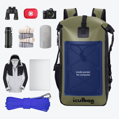 Iculabg Waterproof Bags for Travel Kayaking Boating Beach Camping Large Dry Bags Waterproof Backpack for Women Men Armygreen 30L/40L