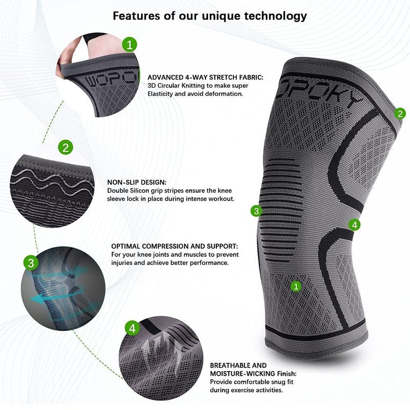 WOPOKY Knee Braces for Knee Pain, Compression Knee Sleeves Support for Weightlifting Running Squatting Basketball Working out, Knee Pain Relief for Meniscus Tear Arthritis ACL MCL (2 Pack)