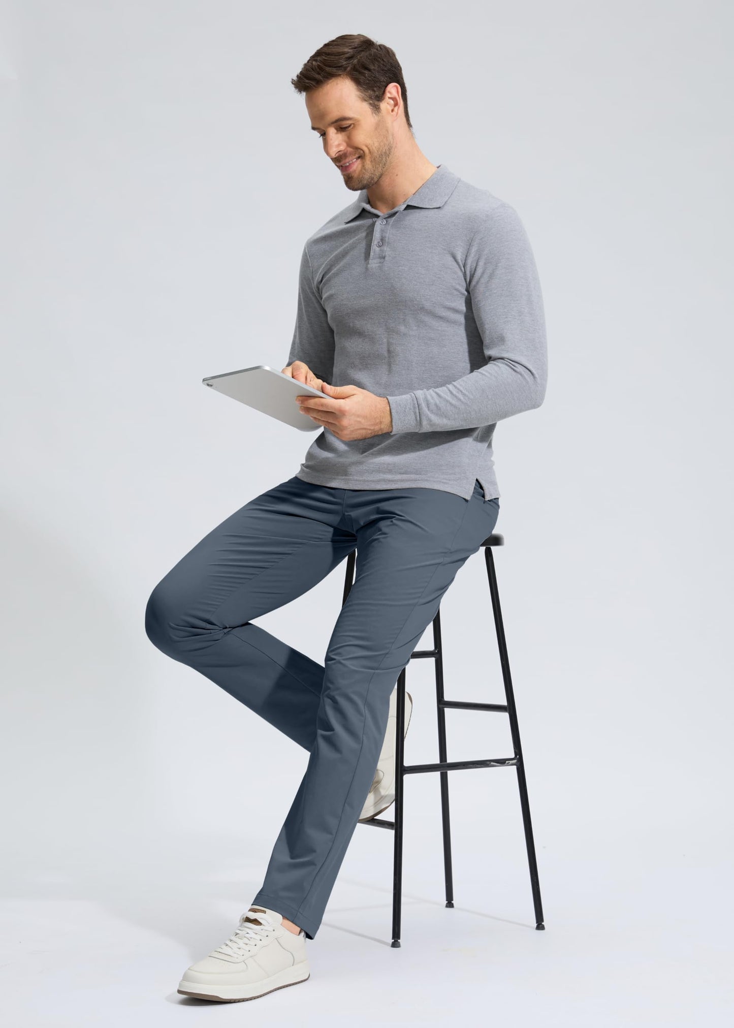 Pudolla Men's Golf Pants Work Dress Comfy Pants Casual Slacks Trousers with Pockets(Grey_Blue 32Wx34L)