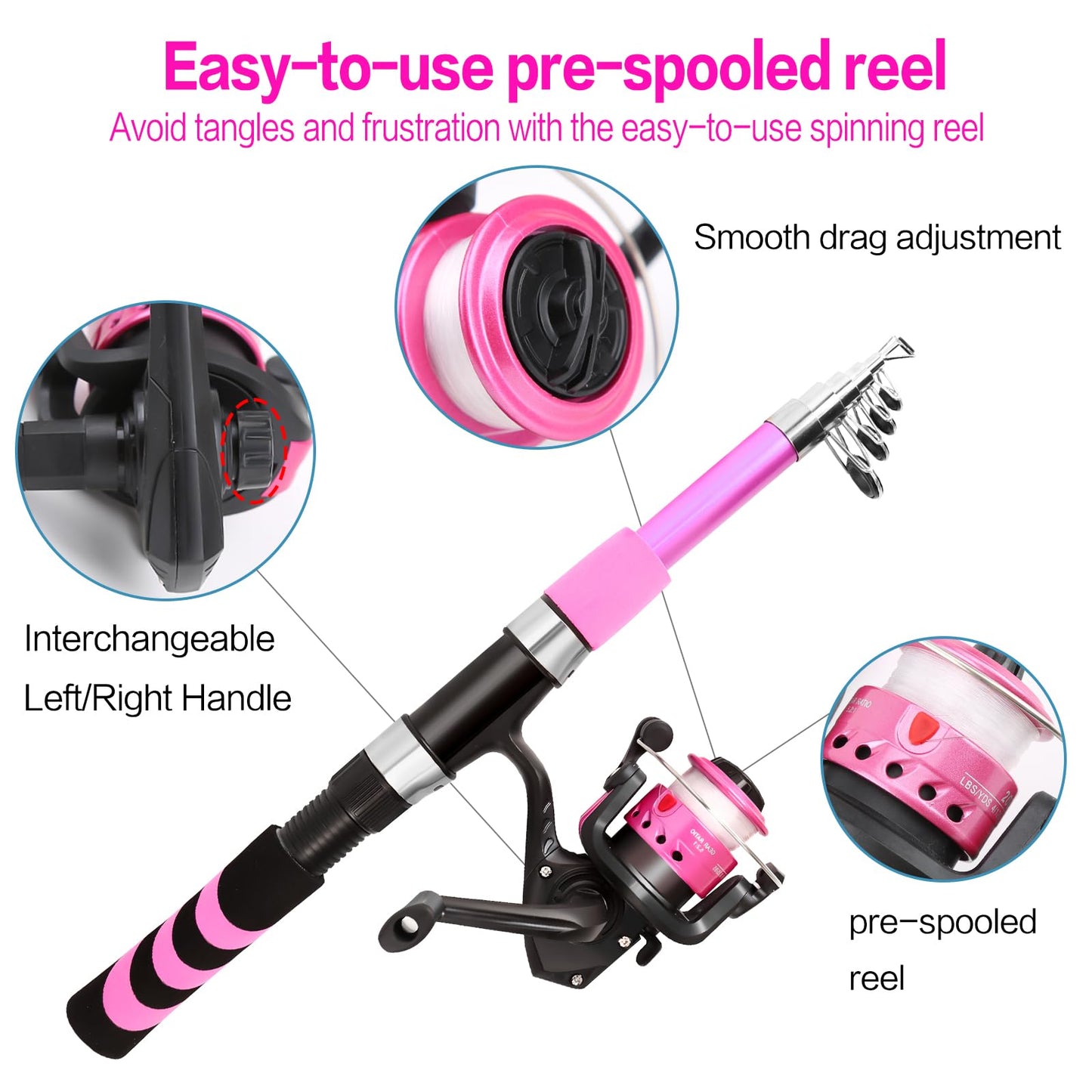Yoilreyl Kids Fishing Rod and Reel Combo Push Button Small Collapsible Telescopic Fishing Pole Kit Beginner Youth Girls Fishing Starter Set Tackle (Spinning Rod, 5.91FT,Pink)