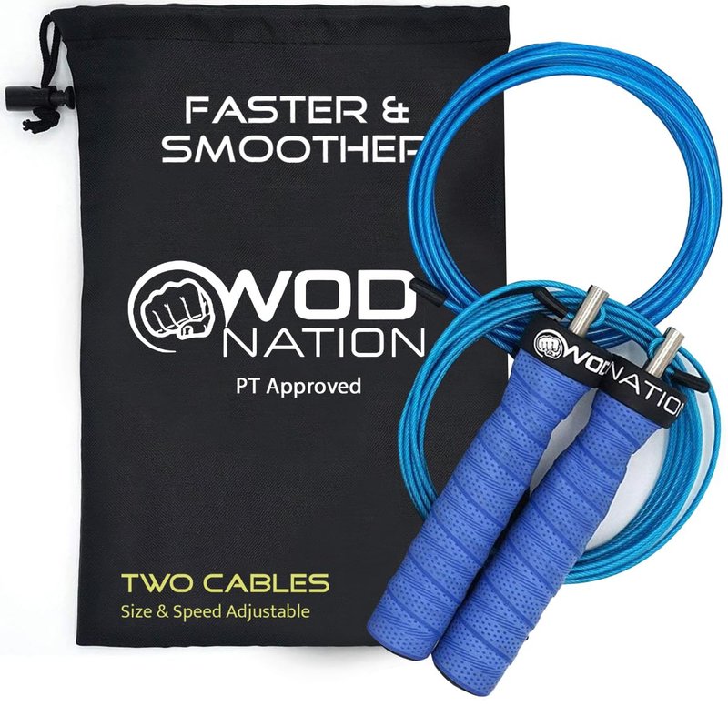 WOD Nation Adjustable Jump Rope - Dual-Speed Cables for HIIT & Fitness - Quick Adjustments for Smooth Jumping Rope Workouts - Travel Bag Included for On-the-Go Gym Accessory - 11 ft, Blue