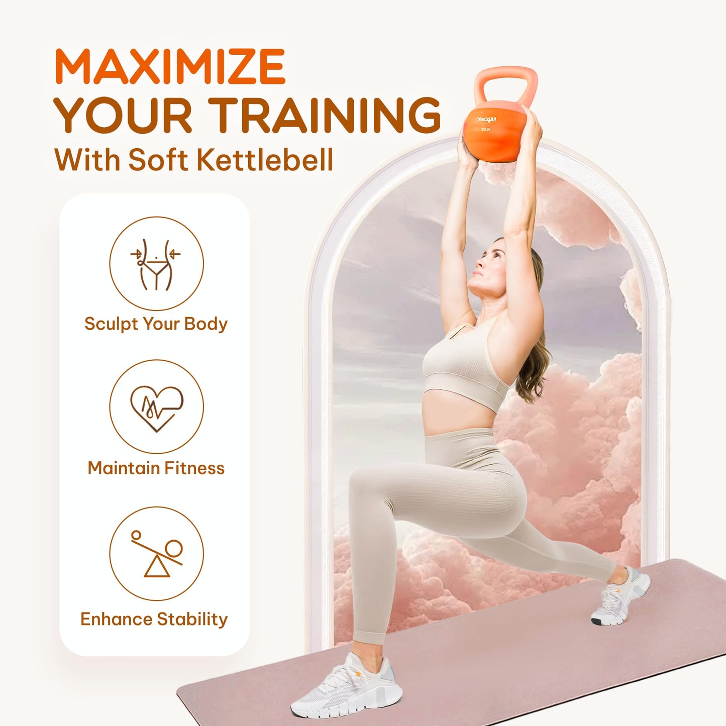 Yes4All Soft Kettlebell, PVC Kettlebells Exercise Weights, 5LB/10LB/15LB/20LB Color-Coded Strength Training Kettlebells, Soft & Gentle Hand Weights for Women at Home - 20LB - Peach Fuzz
